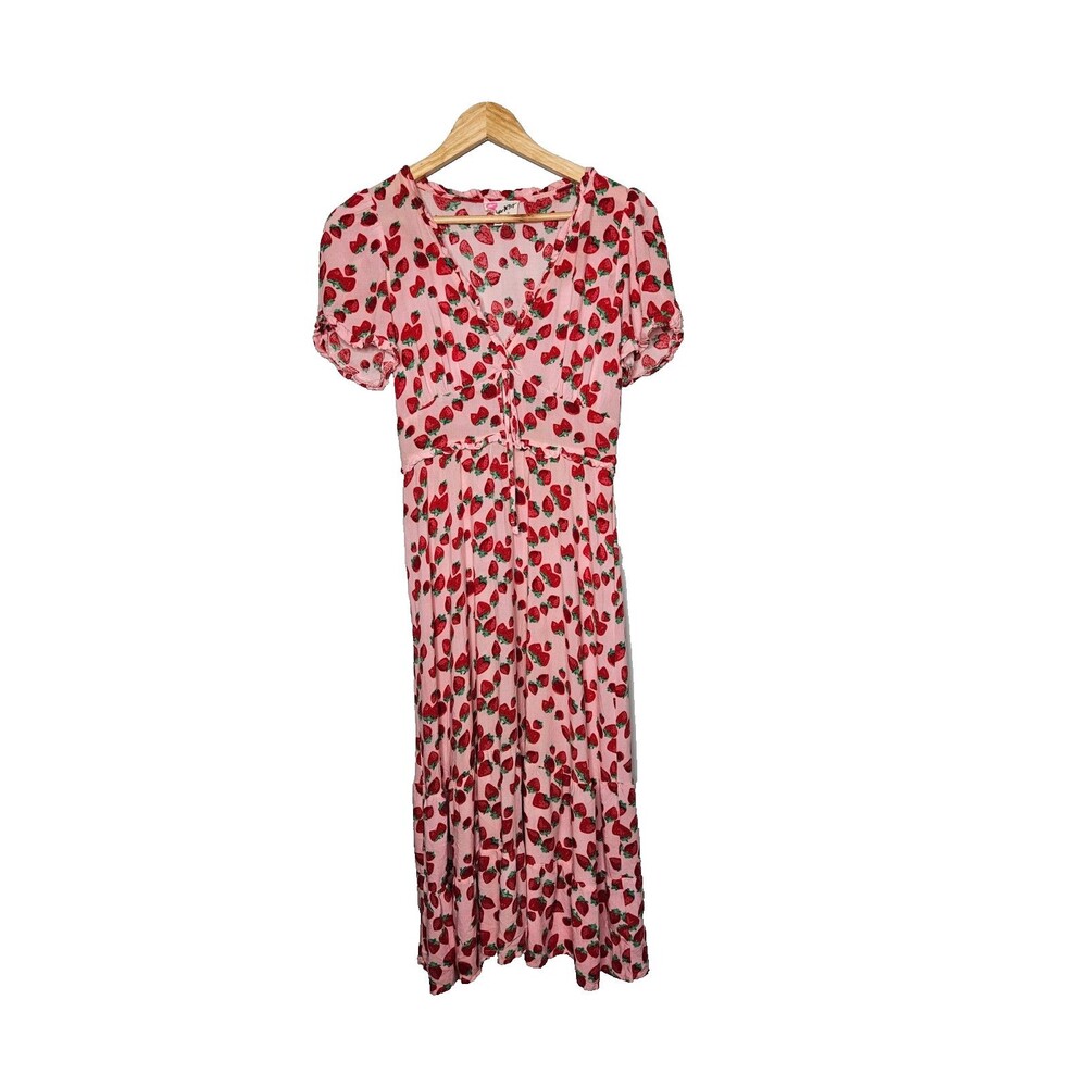 BETSEY JOHNSON Strawberry Midi Dress S Babydoll Y2K Tiered Puff Sleeve Milkmaid